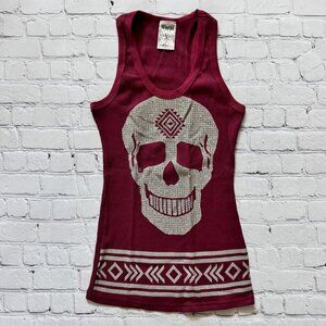 New Vocal Apparel Womens Crystal Burgundy Taupe Skull Aztec Tank Top S Small